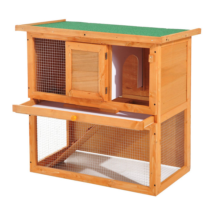 Wooden 90cm Double-Deck Hutch - Spacious 2-Tier Rabbit Enclosure with Sturdy Construction - Ideal for Small Pet Housing and Comfort