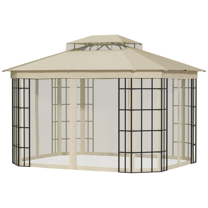 Patio Gazebo Canopy 3.7 x 3m - Outdoor Garden Tent with Double Tier Roof & Mosquito Netting, Sturdy Metal Frame in Beige - Ideal for Backyard Shade and Bug Protection