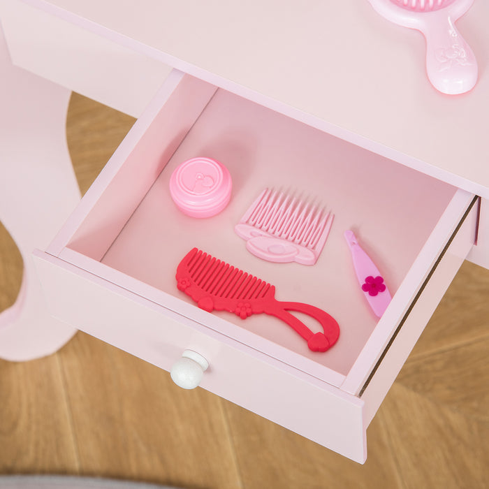 Kids Vanity Set with Stool - Girls Pink Dressing Table, Makeup Desk with Chair and Mirror - Play Dresser for Children's Imaginative Play