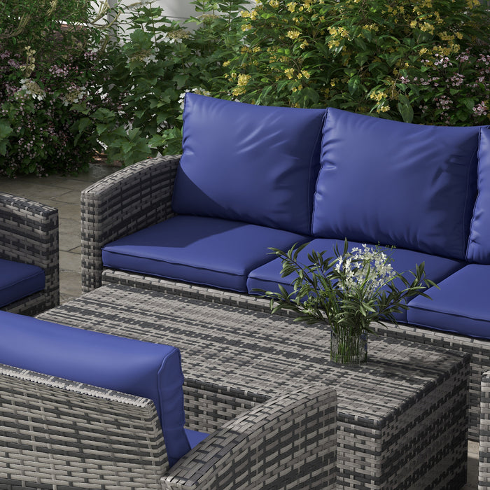 Outdoor Rattan 6-Piece Sofa Set - Wicker Sectional Patio Conversation Furniture with Storage Table and Navy Blue Cushions - Ideal for Garden and Poolside Lounging