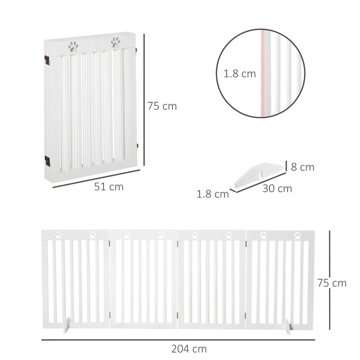 4 Panel Pet Gate - Wooden Freestanding Foldable Safety Fence with Support Feet - Ideal for Dogs, Doorways, and Stairs, 80x30 inches in White