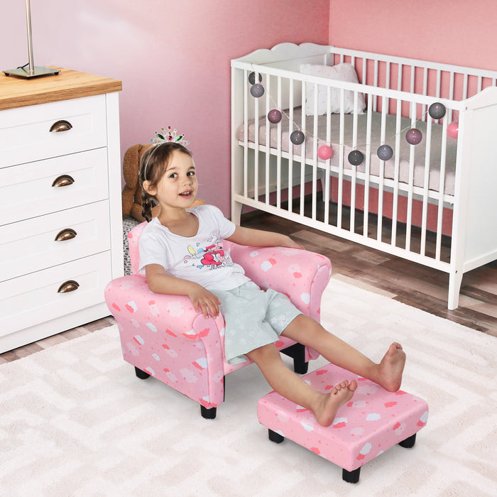 Kids' Mini Sofa Armchair with Footrest - Sturdy Wood Frame and Anti-Slip Legs, High Back, Pink Cloud and Star Design - Perfect for Bedroom or Playroom Furniture