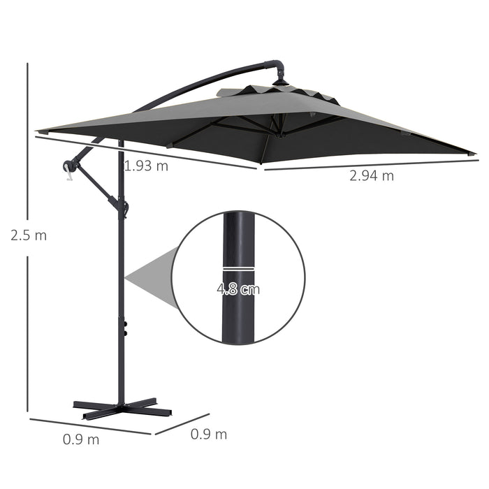 Cantilever Banana Parasol with Cross Base - 3x2m Rectangular Hanging Patio Umbrella, Crank Handle, 6 Ribs - Superior Sunshade for Outdoor Comfort and Protection