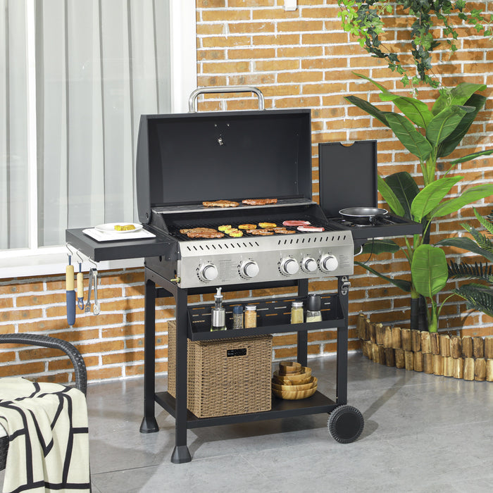 Galvanised Steel 4+1 Burner BBQ Grill - Durable Outdoor Gas Barbecue with Side Burner and Trolley - Ideal for Patio Cooking and Family Gatherings