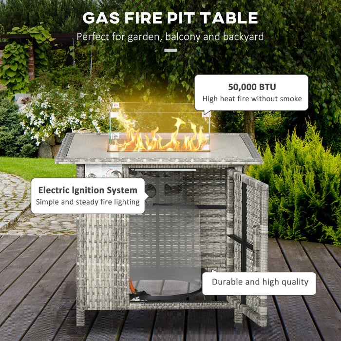 Outdoor Gas Fire Pit Table with PE Rattan Design - 50,000 BTU Propane Heater, Patio Square with Rain Cover, Glass Windscreen & Lava Stone, Grey - Ideal for Cozy Evenings & Entertaining Guests