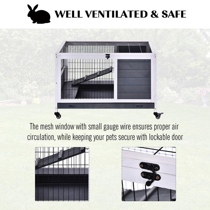 Fir Wood Lift-Top Rabbit Hutch - Indoor Enclosure with Elevated Design in Grey - Perfect Habitat for Pet Bunnies