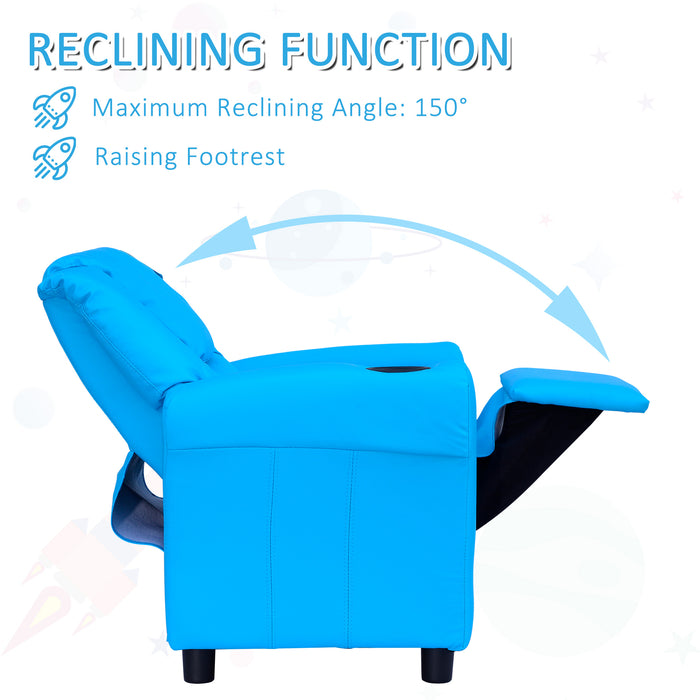 Kids' Comfy Recliner Chair with Built-in Cup Holder - Plush Blue Seating for Children - Perfect for Relaxing and Reading