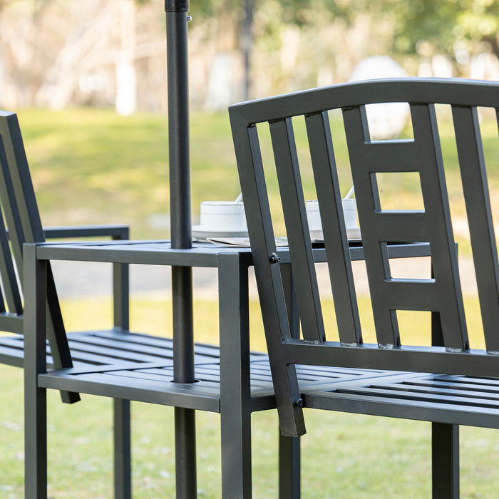 Patio Love Seat Bench with Central Coffee Table - Dual Seating Outdoor Furniture with Umbrella Slot and Slatted Steel Design - Romantic Garden and Deck Seating Solution