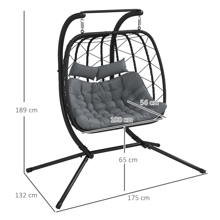 PE Rattan Outdoor Double Swing Chair with Metal Stand - Thick Padded Cushion and Headrest for Ultimate Comfort - Ideal Patio Hanging Seat for Couples or Friends