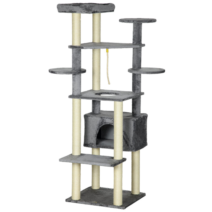 Multi-Level 184cm Cat Tree with Scratching Posts - Indoor Cat Climbing Tower, Bed, Condo & Perches - Ideal for Playful Kittens & Adult Cats with Hanging Play Rope, Grey