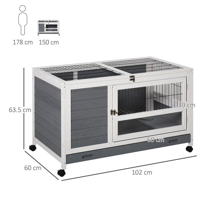 Elevated Wooden Rabbit Hutch - Bunny Cage with Easy Clean Slide-Out Tray for Pets, Indoor Use - Stylish Grey Home for Rabbits