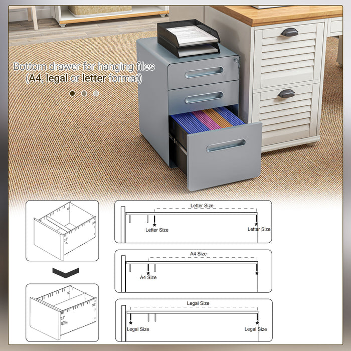 Lockable Rolling Filing Cabinet with 3 Drawers - Durable Steel Office Drawer Unit Compatible with A4, Letter, Legal Files - Secure Storage Solution for Professionals