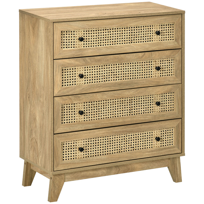 4-Drawer Rattan Storage Cabinet - Wooden Finish, Bedroom & Living Room Organizer, 80x35x95cm - Stylish Decluttering Solution