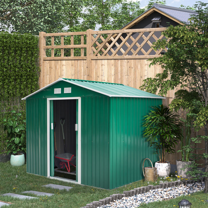 Large Metal Garden Shed with Lock - 9x6 FT Outdoor Patio Tool Storage Building with Foundation - Secure Green Shed for Garden Equipment and Furniture