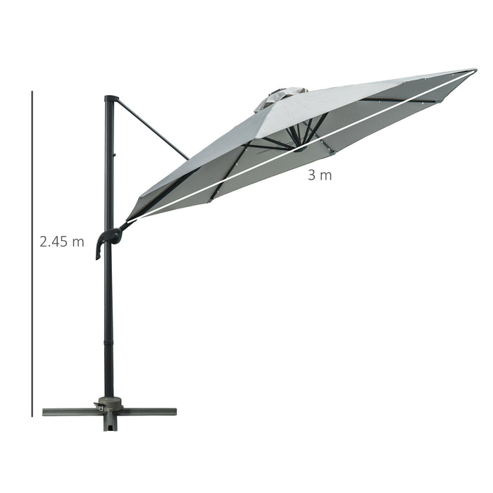 Cantilever Roma 3m Umbrella - LED Solar-Lit Patio Sunshade with Cross Base, 360° Rotation - Ideal for Outdoor Relaxation and Nighttime Ambiance