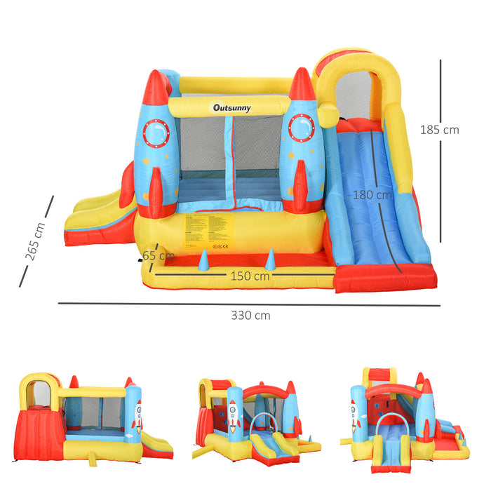 Kids 3-in-1 Bounce Castle with Rocket Design - Inflatable Trampoline, Slide, and Water Pool - Fun and Safe Play Area for Ages 3-10, Includes Blower, 3.3 x 2.65 x 1.85m