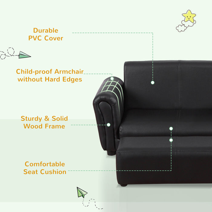 Kids Twin Sofa with Footstool - 2 Seater Toddler Chair in Black, Children's Double Seat Armchair - Perfect Couch for Boys and Girls Lounging and Play