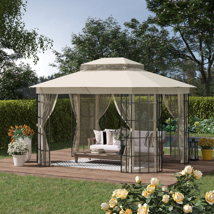 Patio Gazebo Canopy 3.7 x 3m - Outdoor Garden Tent with Double Tier Roof & Mosquito Netting, Sturdy Metal Frame in Beige - Ideal for Backyard Shade and Bug Protection