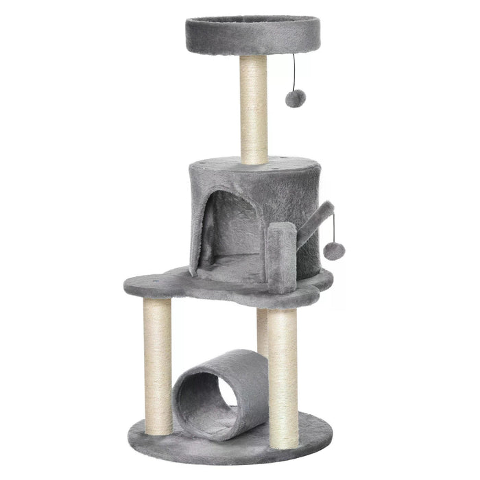 Cat Tree Tower Climber - Kitten Activity Center with Jute Scratching Posts, Bed, Tunnel, Perch, and Hanging Balls - Playful Furniture for Cats in Stylish Grey