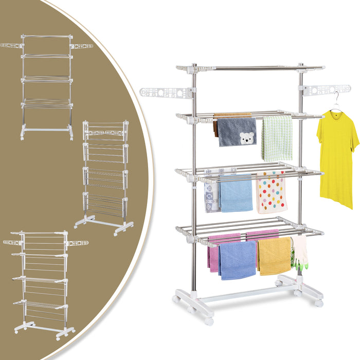 Adjustable 4-Layer Garment Rack with Wheels - Folding Clothes Rail for Easy Storage - Ideal for Organizing Wardrobe and Laundry Room