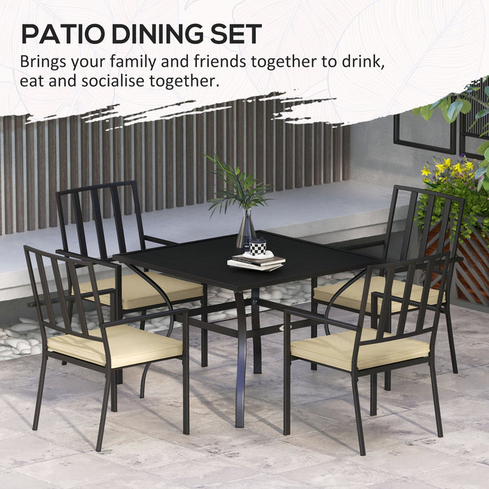 Outdoor 5-Piece Dining Set - Garden Table with Metal Top and Umbrella Hole, 4 Stackable Chairs with Cushions - Ideal for Patio Hosting and Family Meals