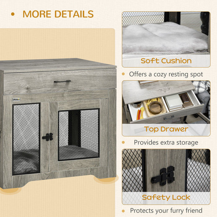 Indoor Dog Crate Cabinet with Comfort Cushion - Dual-Entrance Pet Kennel and Side Table with Storage Drawer for Medium Dogs - Stylish Home Accessory for Pet Owners