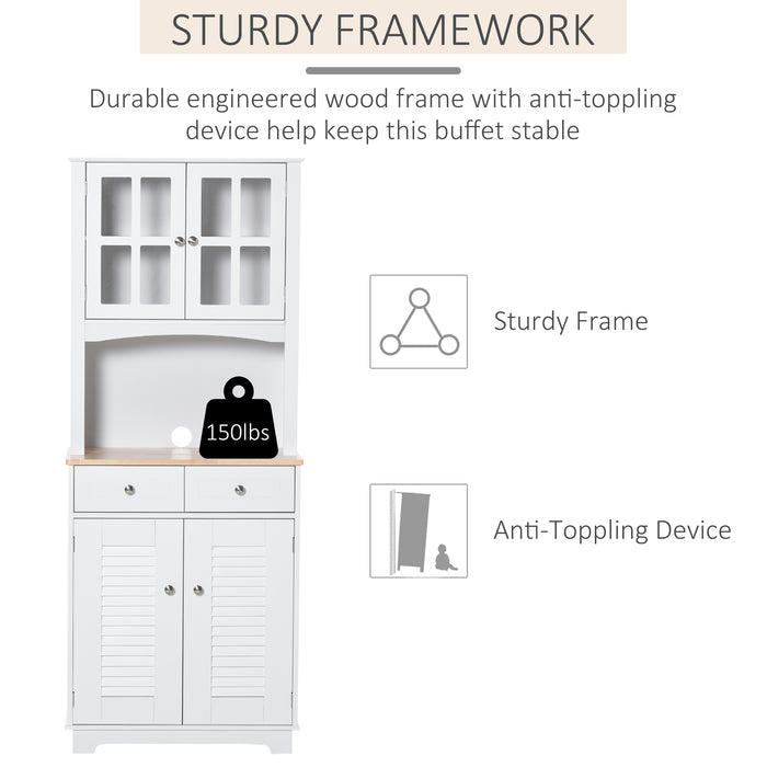 Modern Louvered Cupboard - Framed Glass Door Kitchen Storage with Dual Drawers - Sleek White Organizer for Contemporary Home