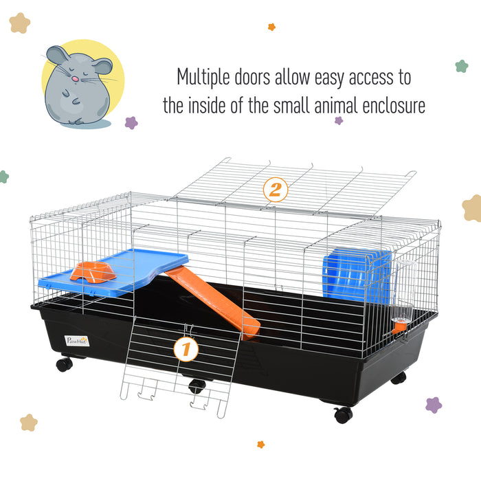 2-Tier Steel Guinea Pig Hut - Medium-Sized Dual-Level Cage with Accessories, Blue/Orange - Ideal for Small Guinea Pigs