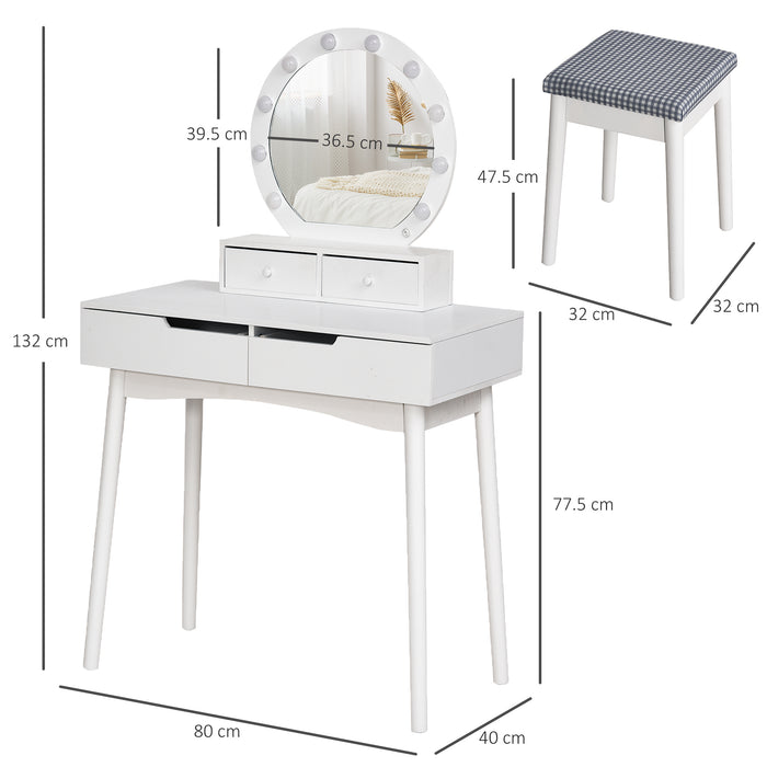 LED-Lit Makeup Vanity Set with Table Stool - Stylish Dressing Table Desk, 4 Storage Drawers, White - Perfect for Bedroom Beauty Organization