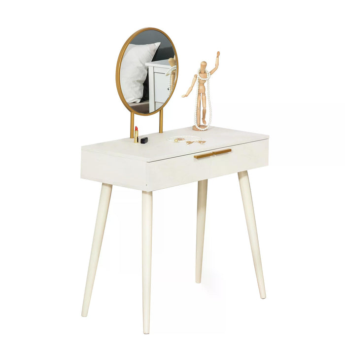 Modern Makeup Vanity Set - Round Mirror Dressing Table with Dual Drawers - Elegant Bedroom & Living Room Furniture in White