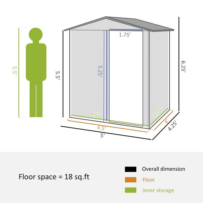 Garden Tool Shed with Sliding Door - Metal Storage Unit with Sloped Roof and Floor Foundation, 152x132x188cm, Green - Ideal Outdoor Organizer for Garden Equipment