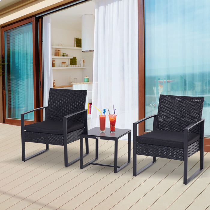 PE Rattan Wicker Patio Bistro Set - 2-Seater Garden Furniture with Coffee Table and Chairs, Black Weave - Ideal for Conservatory and Outdoor Lounging