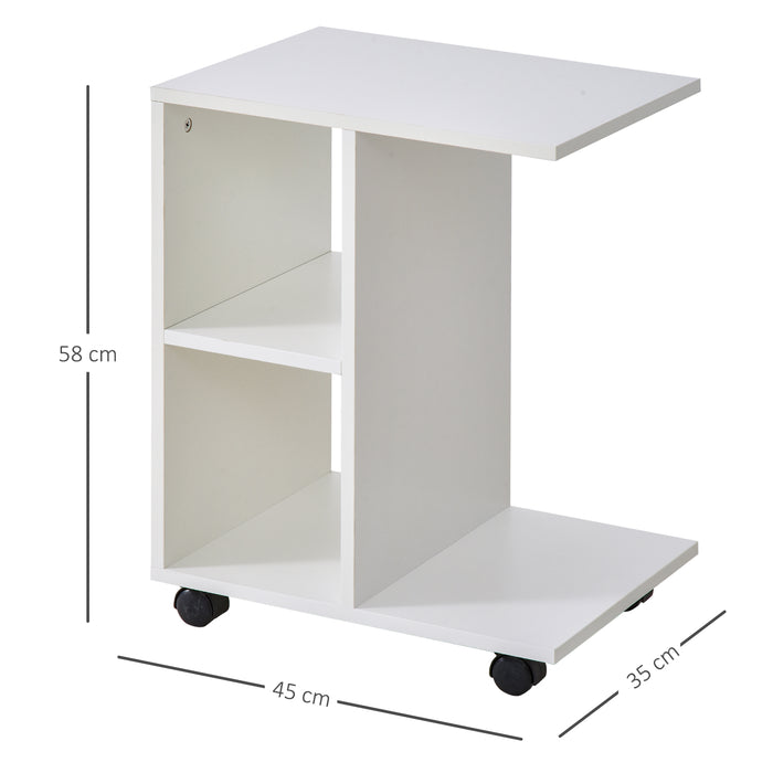 C-Shape Side Table with Storage - Freestanding End Table with 2 Shelves and 4 Wheels - Ideal for Home Office, Studio Organization in White