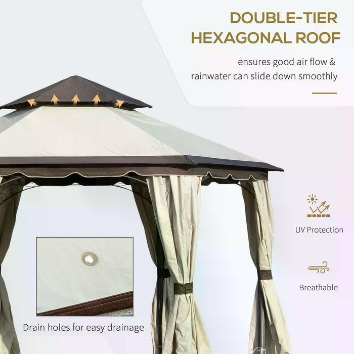 Steel Gazebo Canopy 3.4m - Garden Pavilion with 2 Tier Roof and Curtains, Beige - Ideal for Outdoor Parties and Patio Shelter