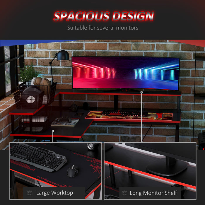 Ergonomic L-Shaped Gaming Desk - Elevated Monitor Shelf, Corner Computer Workstation in Black and Red - Ideal for Gamers and Home Office Setup