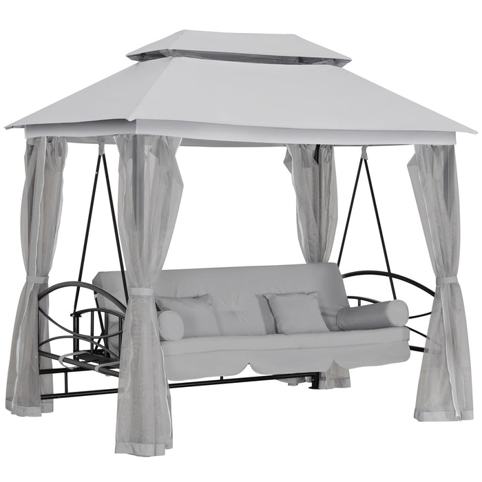 Convertible 2-in-1 Swing Chair Bed - 3-Seater Hammock Gazebo with Cushions and Mesh Curtains, Patio Bench - Ideal for Outdoor Relaxation and Comfort, Grey