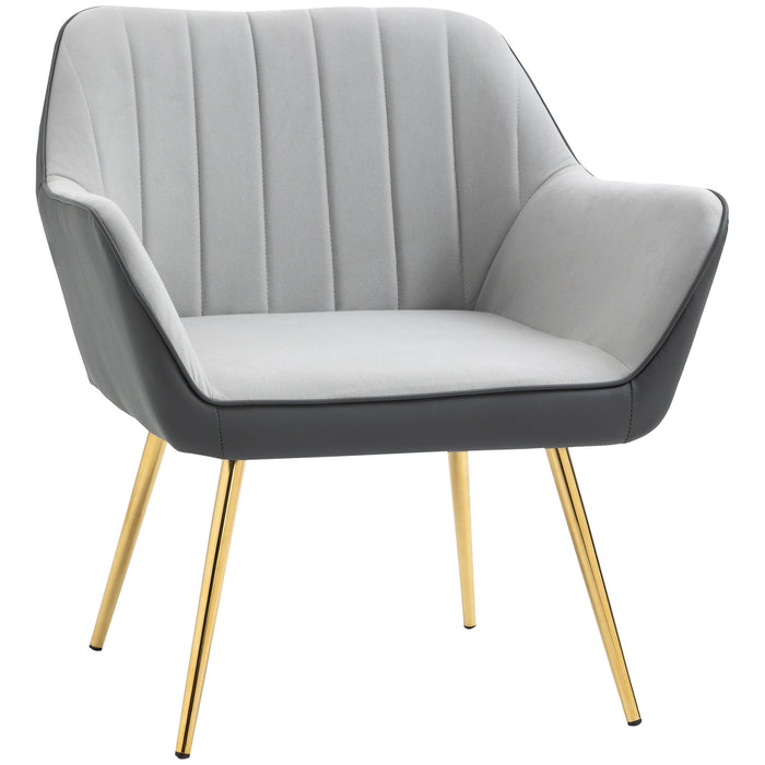 Chic Light Grey Velvet Armchair - Gold Steel Legged Upholstered Accent Furniture for Living Room & Bedroom - Elegant Seating Solution for Modern Home Decor