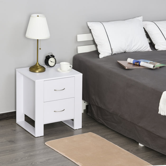 Modern 2-Drawer Bedside Table with Handles - Elevated Base, Melamine-Coated Nightstand for Bedroom Storage - Ideal for Organized Bedtime Essentials, White