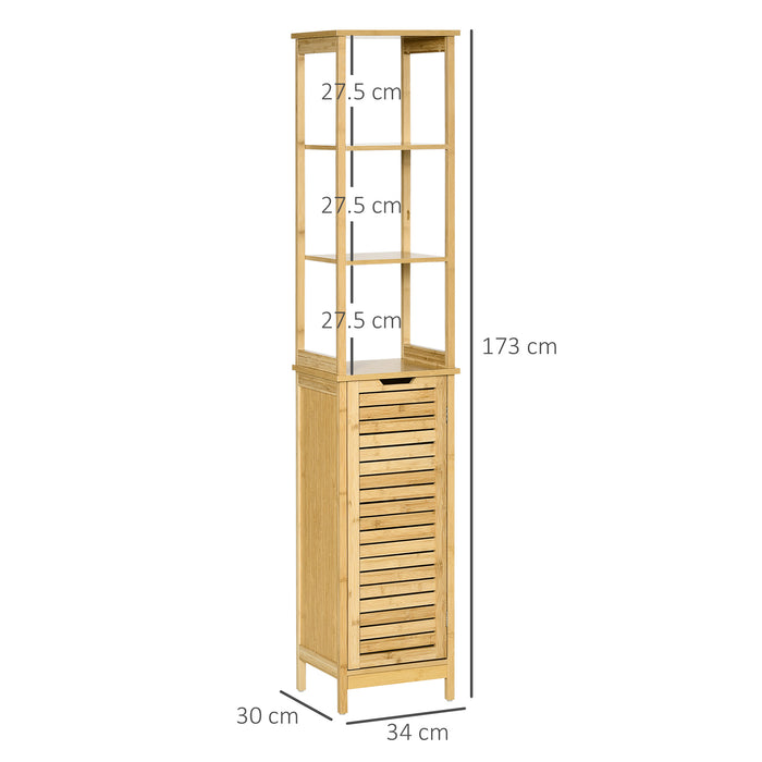 Bathroom Tallboy Storage Unit - Slim Freestanding Organizer with 3 Shelves and Cupboard - Space-Saving Solutions for Toiletries and Linens