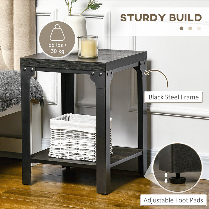 Industrial Side Table Set - 2-Pack Bedside Tables with Storage Shelf, Thickened Top & Steel Frame - Ideal for Living Room & Bedroom, Dark Walnut Finish