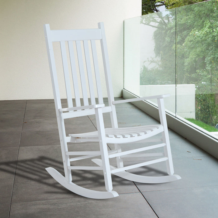 White Wooden Porch Rocking Chair - Cozy Armchair Patio Rocker for Outdoor Deck & Garden - Relaxing Furniture for Balcony Spaces