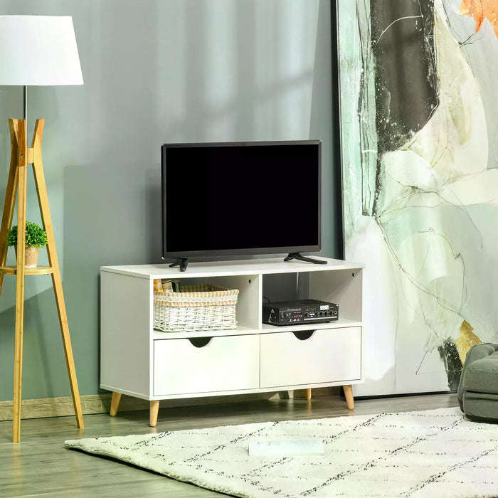 Modern White TV Stand - Shelving & Drawer Storage Media Entertainment Center - Sleek Design for Living Room Organization