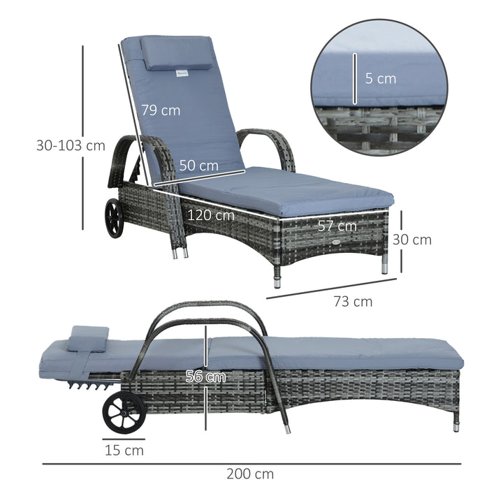 Rattan Garden Sun Lounger - Adjustable Reclining Outdoor Patio Bed with Wicker Weave & Headrest, Grey - Ideal for Relaxing in Your Backyard