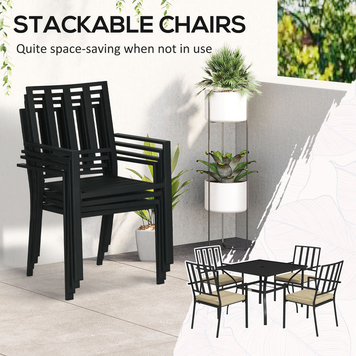 Outdoor 5-Piece Dining Set - Garden Table with Metal Top and Umbrella Hole, 4 Stackable Chairs with Cushions - Ideal for Patio Hosting and Family Meals