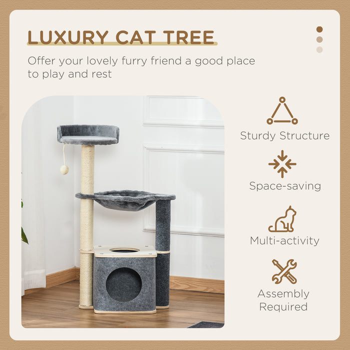 Cat Tree Tower - 95cm Multi-Level Kitten Playhouse with Sisal Scratching Posts, Hammock & Condo - Ideal for Climbing & Relaxing Pets