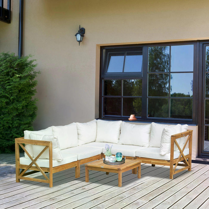 6-Piece Acacia Wood Patio Sofa Set with Cushions - Garden Seating & Coffee Table Ensemble - Ideal for Outdoor, Indoor, Balcony & Poolside Comfort