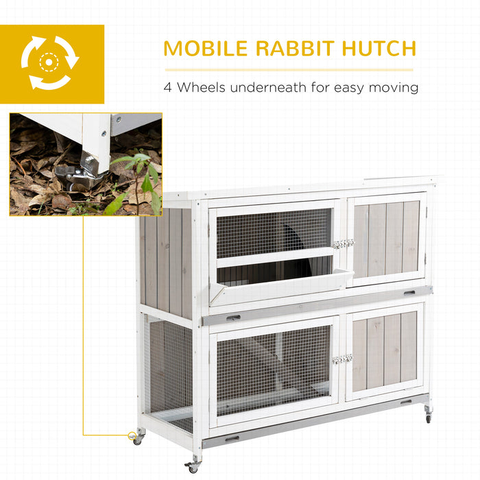 Elevated Wooden Rabbit Hutch with Rain Cover - 2-Tier Guinea Pig and Bunny Cage with Multiple Doors, Slide-Out Tray, Wheels - Ideal for Small Pet Safety and Comfort