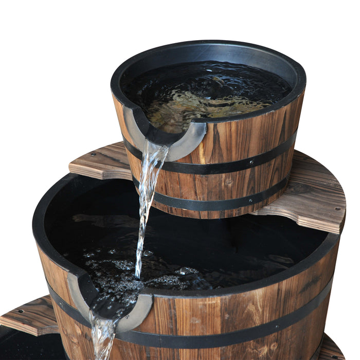 Rustic Wooden Barrel Water Fountain - 3-Tier Cascading Pump Feature for Garden and Deck - Enhances Outdoor Ambiance