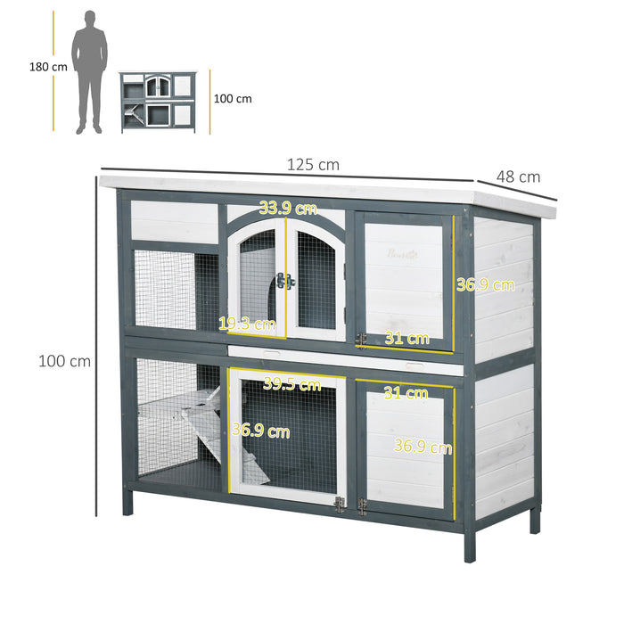 Wooden Two-Tier Rabbit Hutch with Openable Roof - Guinea Pig Cage with Slide-Out Tray & Ramp, Grey - Ideal for Small Pet Housing and Easy Maintenance