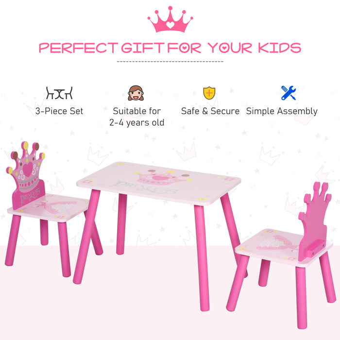 Crown-Themed Kids Wooden Furniture Set - 3-Piece Pink Table and Chair Set with Easy Clean Surface - Ideal for Girls and Toddlers Aged 3-8 Years